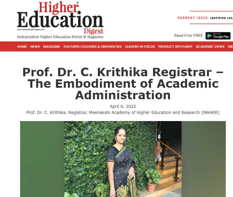 Prof. Dr. C Krithika, the Registrar of MAHER makes it to the list of the 10 Most Inspiring Leaders in Education in 2022